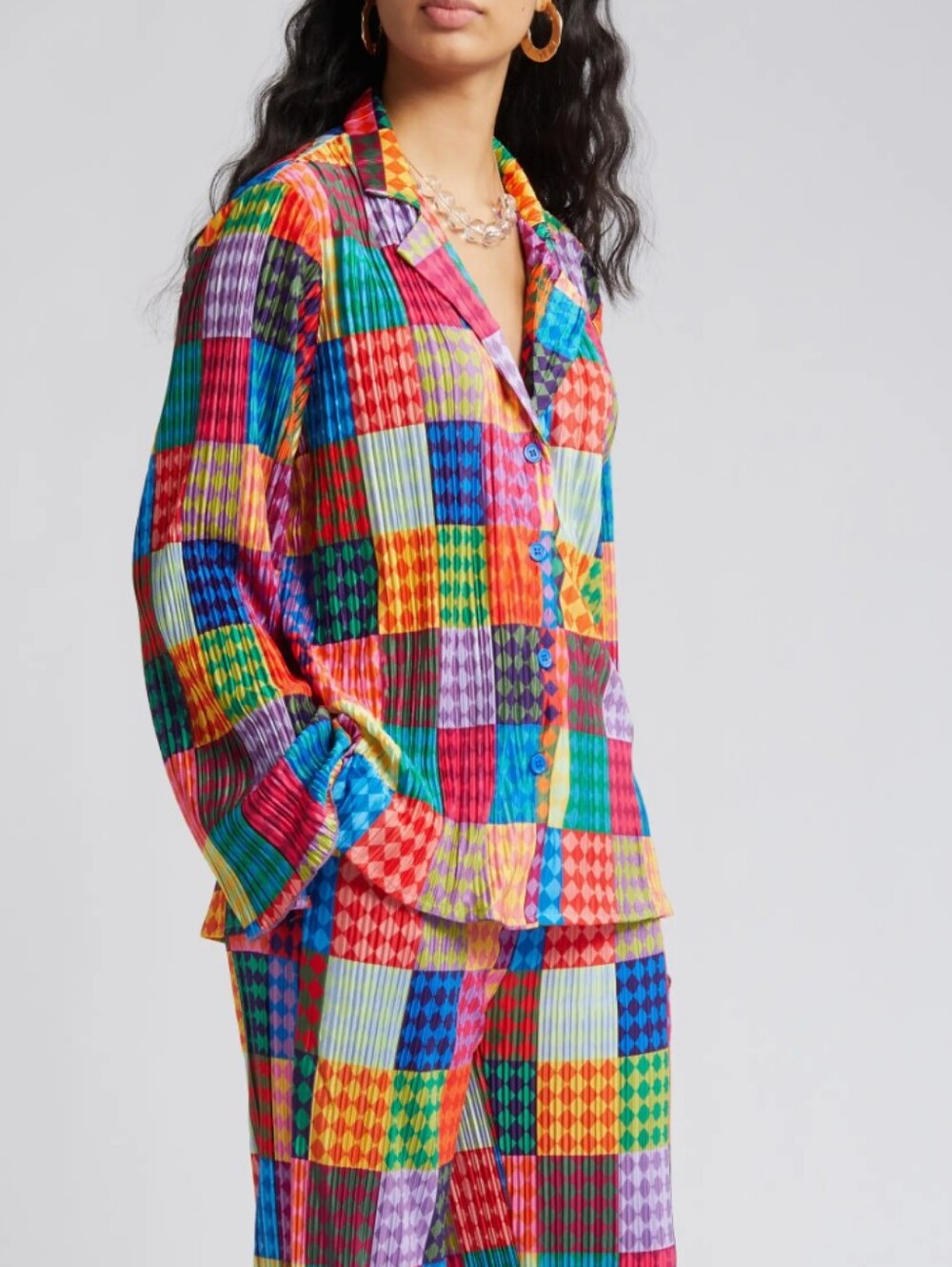 Dressed in Lala NWT Notched Collar Plisse Long Sleeve Top Fun House Patchwork XL